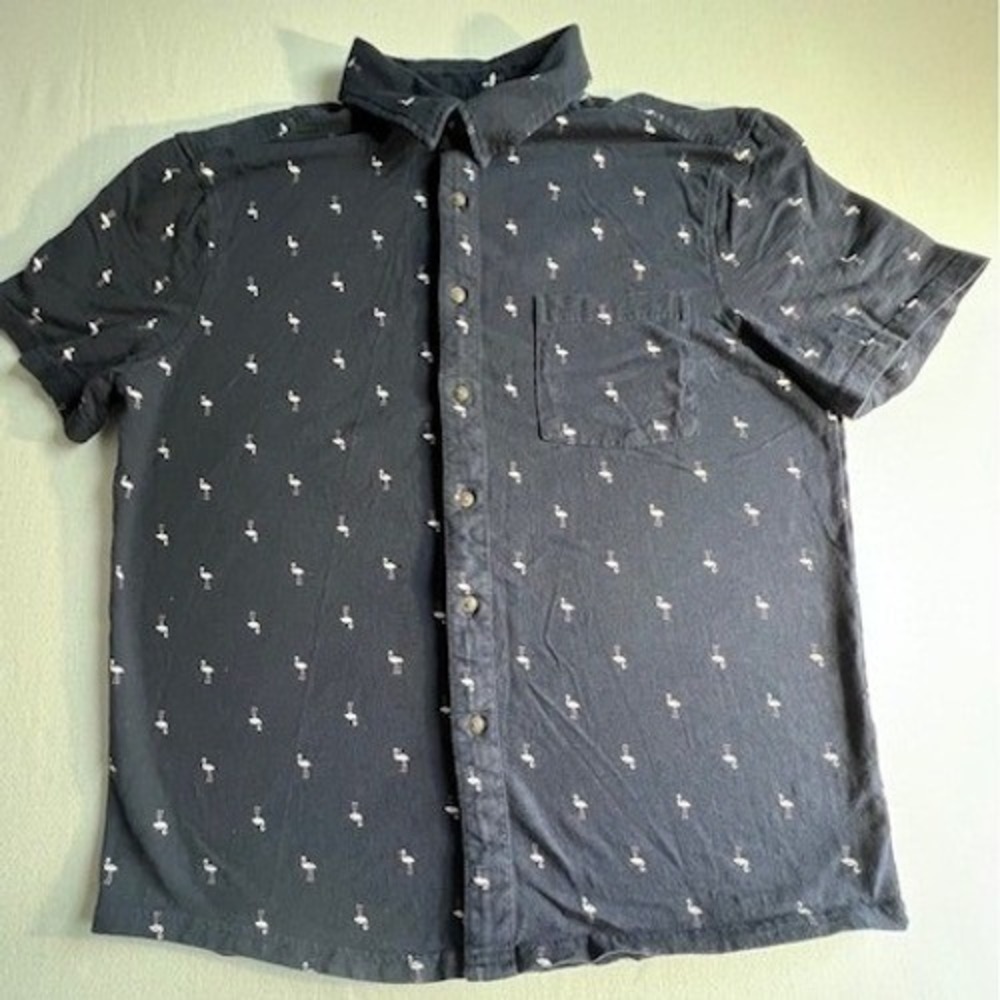 Goodfellow & Co Button Down Mens Large Navy Blue Flamingo Short Sleeve Shirt